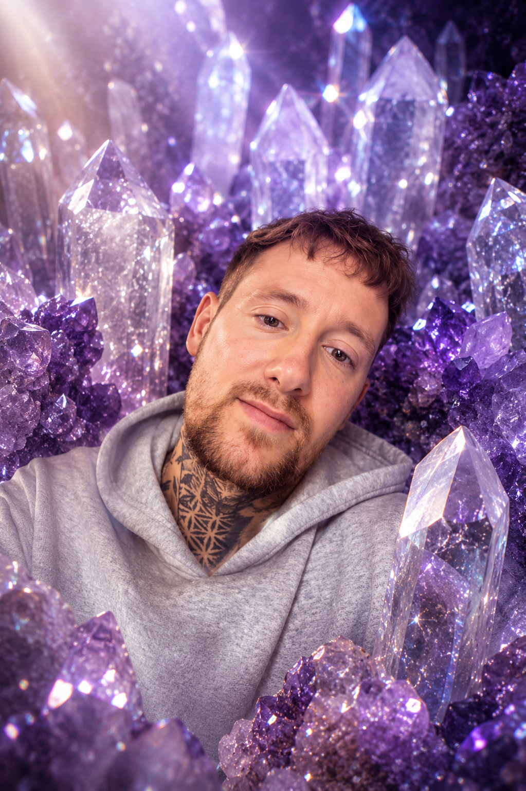 Psychic medium Adam surrounded by amethyst crystals